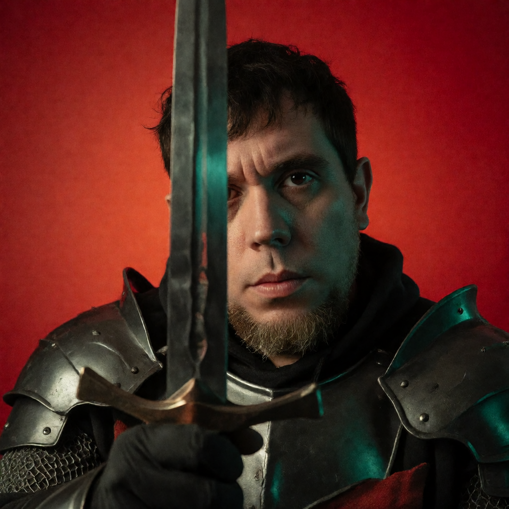 Portrait of Christopher in dark armor holding a sword against a red background